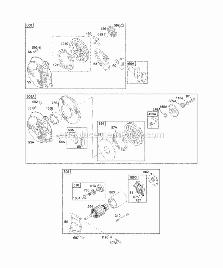 Electric Starter Rewind Group Diagram and Parts List for  Briggs and Stratton Engine